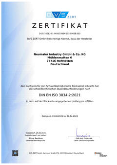 Certification in accordance with DIN EN ISO 3834-2